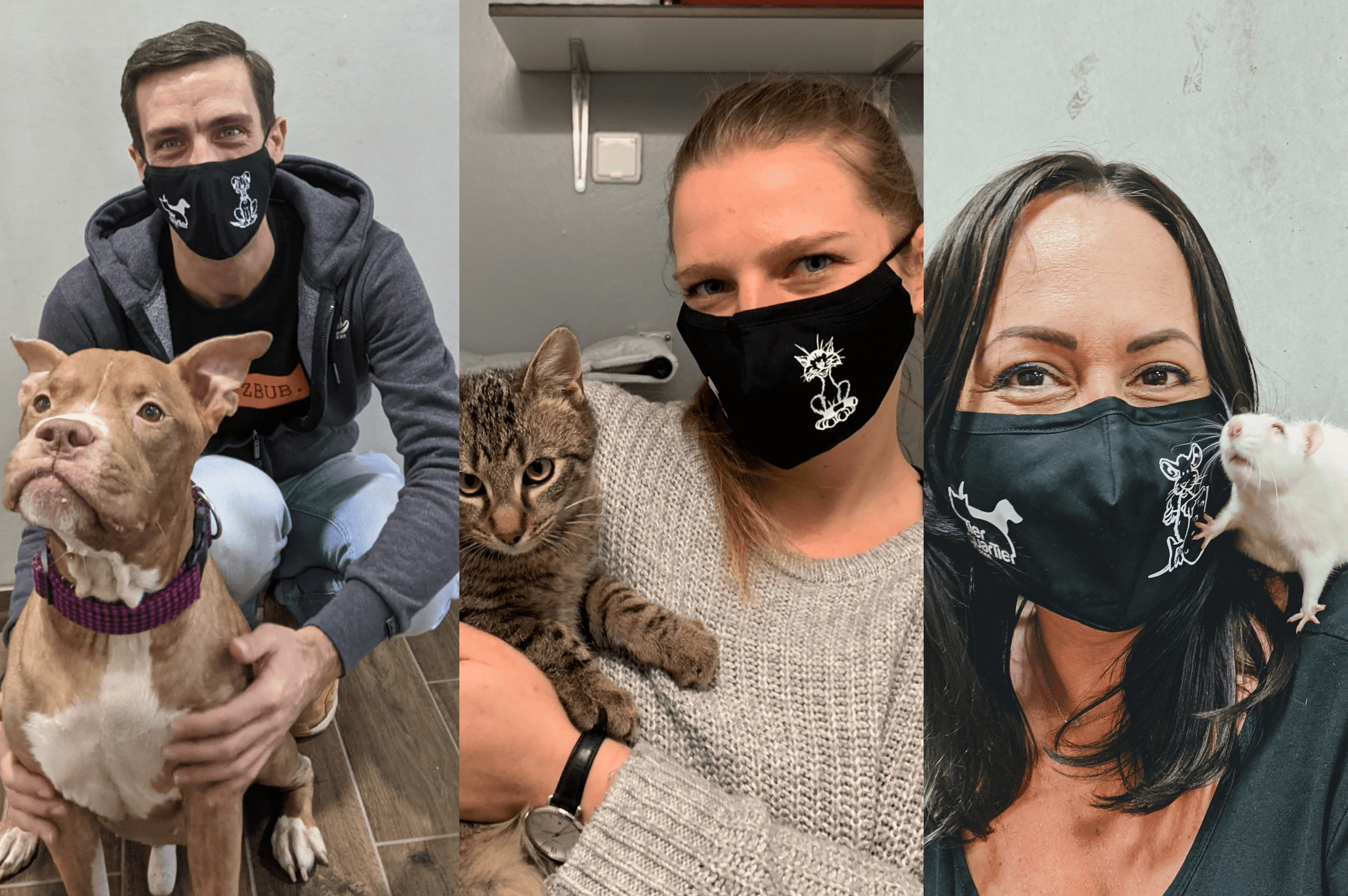 TierQuarTier-Masken Zwei Mitarbeiter des TierQuarTiers Wien stehen auf einer Wiese. Sie tragen die T-Shirts.